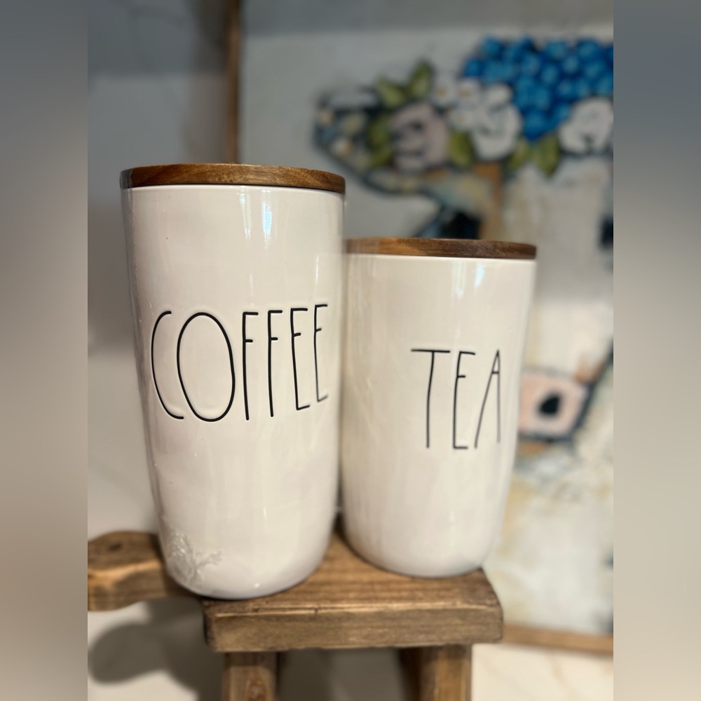 Rae Dunn Artisan Collection COFFEE + TEA Canister Set White Ceramic Wood Lids